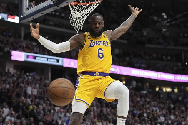 Los Angeles Lakers forward LeBron James (6) dunks against the Denver Nuggets during the first half of Game 2 of the NBA basketball Western Conference Finals series, Thursday, May 18, 2023, in Denver. (Photo by Jack Dempsey/AP Photo)