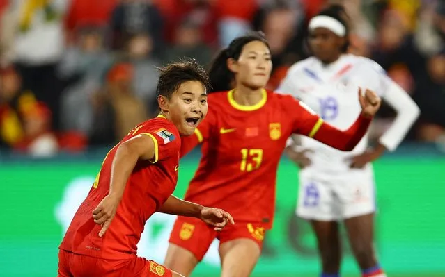Wang Shuang of China PR celebrates after scoring her team's first goal during the FIFA Women's World Cup Australia & New Zealand 2023 Group D match between China and Haiti at Hindmarsh Stadium on July 28, 2023 in Adelaide / Tarntanya, Australia. (Photo by Hannah Mckay/Reuters)