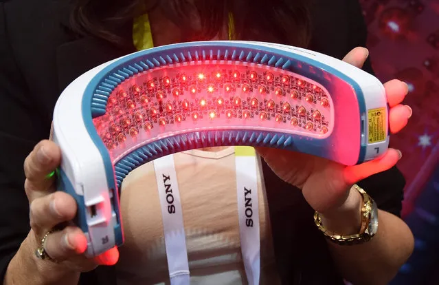 Francesca Dubsky display the bottom side of the Hairmax LaserBand 82 during a press event for CES 2016 at the Mandalay Bay Convention Center on January 4, 2016 in Las Vegas, Nevada. The USD 795 unit, designed by Pinin Farina, uses 90-second treatments of red laser light at 655 nanometers to grow hair by increasing blood flow to the scalp and stimulating hair follicles. (Photo by Ethan Miller/Getty Images)