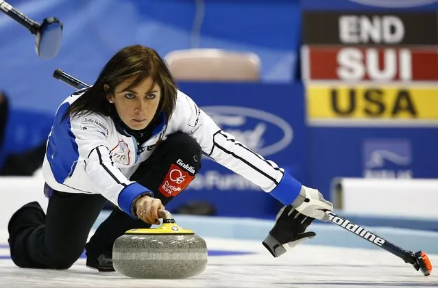 Scotland's skip Eve Muirhead delivers a stone during her team's curling round robin game against Denmark at the World Women's Curling Championships in Sapporo March 14, 2015. (Photo by Thomas Peter/Reuters)