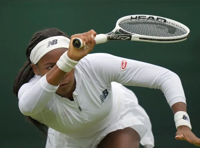 Coco Gauff of the US plays a return to Britain's Francesca Jones during the women's singles first round match on day two of the Wimbledon Tennis Championships in London, Tuesday June 29, 2021. (Photo by Alastair Grant/AP Photo)