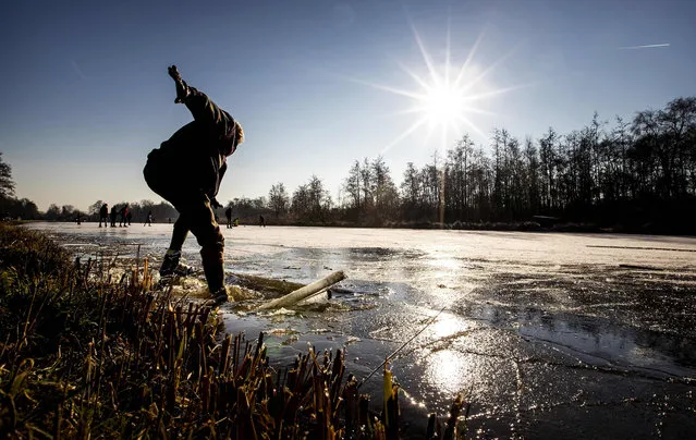 A skater falls through thin ice on the Ankeveen Lake on January 22, 2017 in Ankeveen. (Photo by Koen van Weel/AFP Photo/ANP)