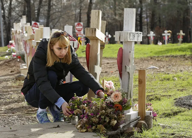 In this Thursday, February 7, 2019 photo, Christina Taft, the daughter of Camp Fire victim Victoria Taft, arranges flowers she had previously left at a cross bearing her mothers name at a memorial to the fire victims in Paradise, Calif. Taft refused to leave. If the threat was real, authorities would order an evacuation, she told her daughter. Victoria Taft’s remains were recovered from the ruins of her living room. (Photo by Rich Pedroncelli/AP Photo)