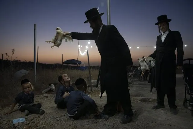 An Ultra-Orthodox Jewish man swings a chicken over his kids as part of the Kaparot ritual in Beit Shemesh, Israel, Monday, September 13, 2021. Observant Jews believe the ritual transfers one's sins from the past year into the chicken, and is performed before the Day of Atonement, Yom Kippur, the holiest day in the Jewish year which starts at sundown Wednesday. (Photo by Oded Balilty/AP Photo)