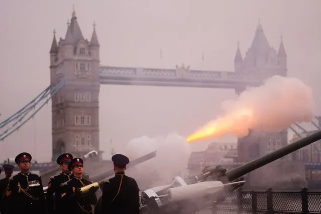 The Honourable Artillery Company fire a 62 Gun Royal Salute at Tower Wharf, London, to mark the 74th birthday of King Charles III on Monday, November 14, 2022. (Photo by Victoria Jones/PA Images via Getty Images)