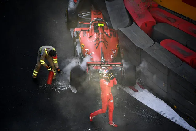 Charles Leclerc of Monaco and Ferrari looks dejected as he walks from his car after crashing during qualifying for the F1 Grand Prix of Azerbaijan at Baku City Circuit on April 27, 2019 in Baku, Azerbaijan. (Photo by Clive Mason/Getty Images)