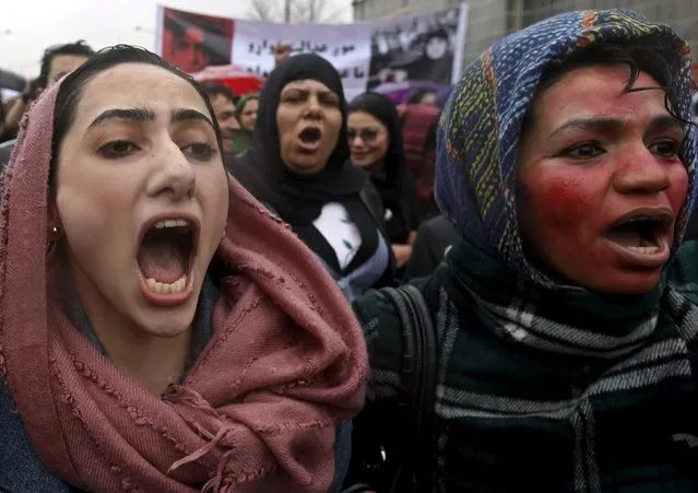 Members of civil society organisations chant slogans during a protest to condemn the killing of 27-year-old woman, Farkhunda, who was beaten with sticks and set on fire by a crowd of men in central Kabul in broad daylight on Thursday, in Kabul, in this file picture taken March 24, 2015. (Photo by Omar Sobhani/Reuters)