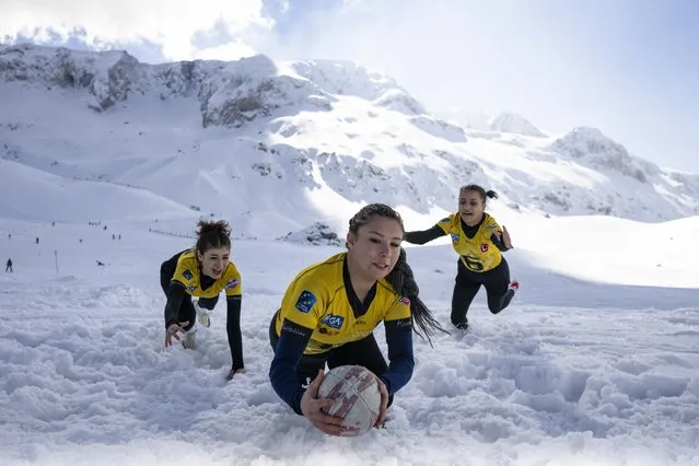 Athletes participating in the “Snow Rugby Championship”, which was held for the first time in the country, pose for a photo in Davraz Ski Center of Isparta, Turkiye on February 24, 2024. (Photo by Dogukan Keskinkilic/Anadolu via Getty Images)