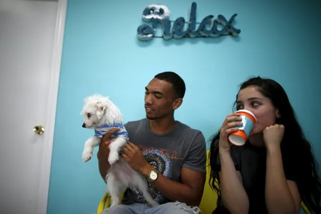 Mansai Conner, 21, (L) and Samantha Gomez, 23, sit with a dog on the opening day of Dog Cafe, a coffee shop where people can adopt shelter dogs in Los Angeles, California, United States, April 7, 2016. (Photo by Lucy Nicholson/Reuters)