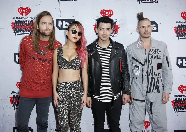 From left to right, recording artists Jack Lawless, JinJoo Lee, Joe Jonas and Cole Whittle of the musical group DNCE pose at the 2016 iHeartRadio Music Awards in Inglewood, California, April 3, 2016. (Photo by Danny Moloshok/Reuters)