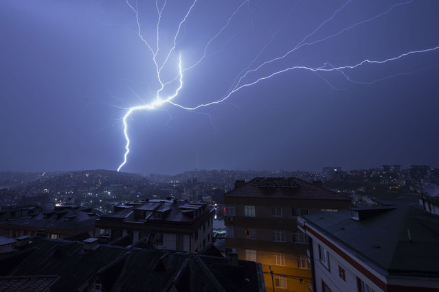 Lightnings strike, illuminate the night sky in Istanbul, Turkiye on November 04, 2023. (Photo by Rasid Necati Aslim/Anadolu via Getty Images)