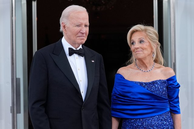 President Joe Biden and first lady Jill Biden wait to welcome Kenya's President William Ruto and first lady Rachel Ruto to the White House in Washington for a State Dinner, Thursday, May 23, 2024. (Photo by Susan Walsh/AP Photo)