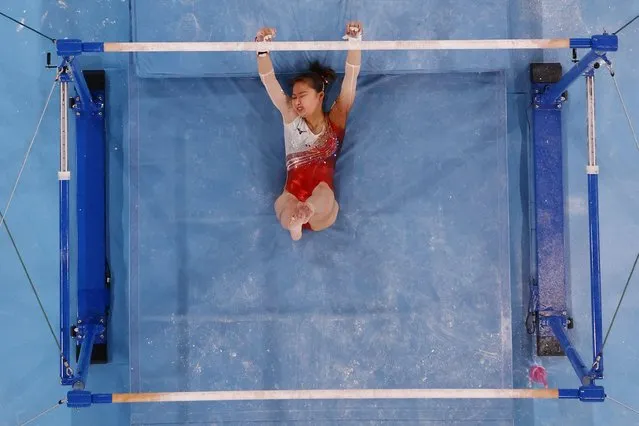 Yuna Hiraiwa of Team Japan falls from the uneven bars during Women's Podium Training ahead of the Tokyo 2020 Olympic Games at Ariake Gymnastics Centre on July 22, 2021 in Tokyo, Japan. (Photo by Athit Perawongmetha/Reuters)