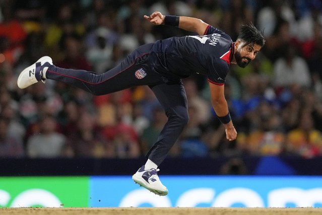 United States' Muhammad Ali-Khan bowls during the men's T20 World Cup cricket match between the USA and the West Indies at Kensington Oval, Bridgetown, Barbados, Friday, June 21, 2024. (Photo by Ricardo Mazalan/AP Photo)