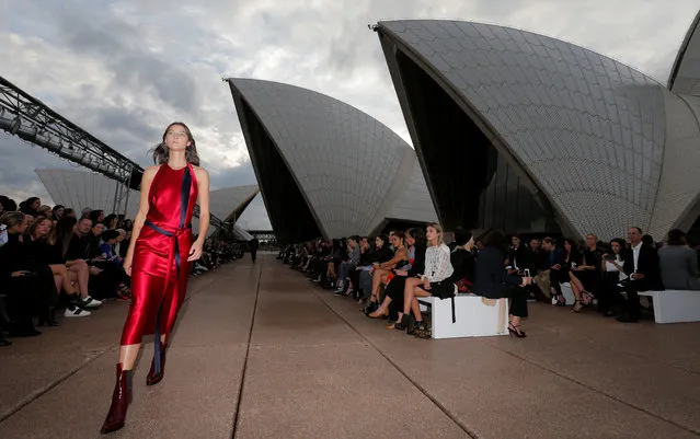 A model presents a creation for Australian designer Dion Lee during the first runway show of Fashion Week Australia on the steps of the Sydney Opera House, in Sydney on May 14, 2017. (Photo by Jason Reed/Reuters)