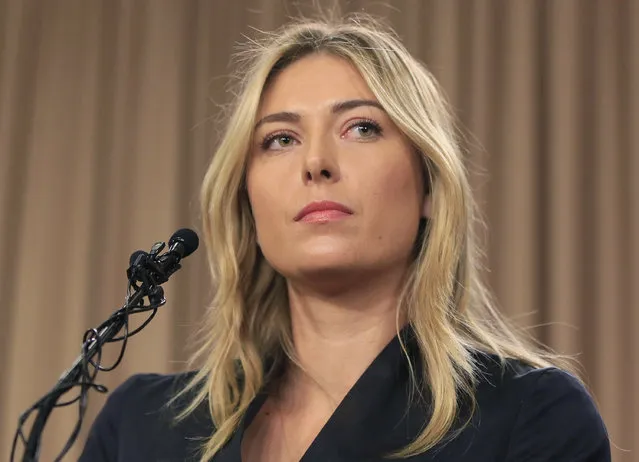 This is a Monday, March 7, 2016 file photo showing tennis star Maria Sharapova speakings about her failed drug test at the Australia Open during a news conference in Los Angeles. Sharapova has been suspended for two years by the International Tennis Federation for testing positive for meldonium at the Australian Open. The ruling, announced Wednesday, June 8, 2016 can be appealed to the Court of Arbitration for Sport. (Photo by Damian Dovarganes/AP Photo)