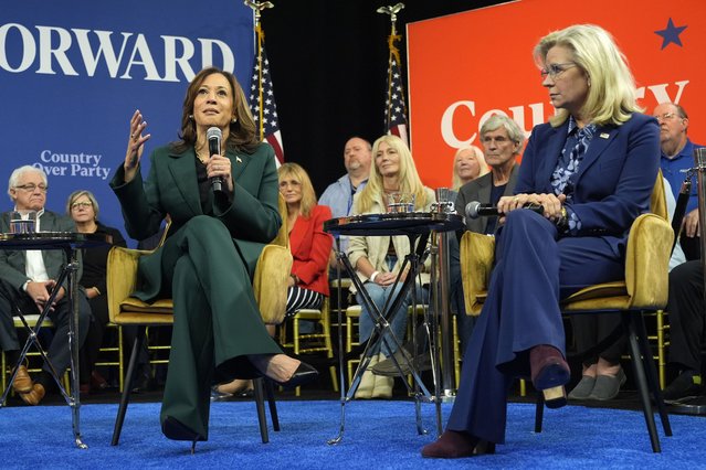 Democratic presidential nominee Vice President Kamala Harris speaks as former Republican Congresswoman Liz Cheney listens during a town hall at The People's Light in Malvern, Pa., Monday, October 21, 2024. (Photo by /AP Photo)