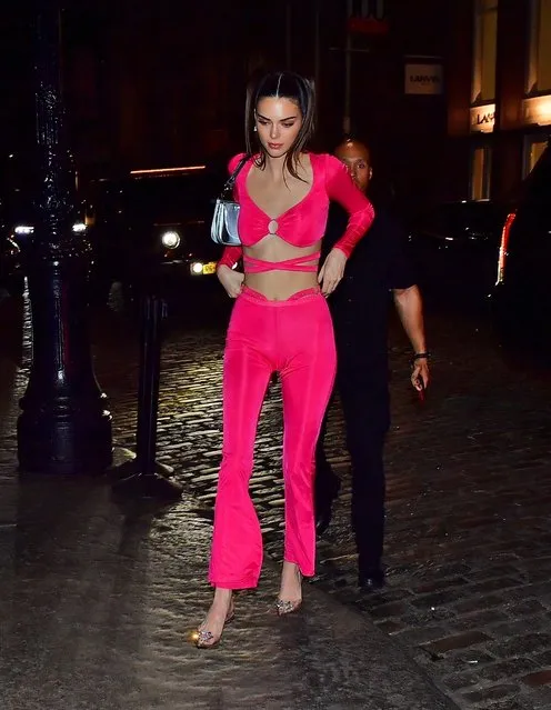 Kendall Jenner looks striking in neon pink as she heads out to a party in NYC with Asap Ferg and Meek Mill on February 8, 2020. (Photo by Backgrid USA)