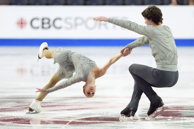 Ekaterina Geynish and Dmitrii Chigirev, of Uzbekistan, compete in the pairs short program at the Skate Canada International figure skating competition in Halifax, Nova Scotia, Friday, October 25, 2024. (Photo by Darren Calabrese/The Canadian Press via AP Photo)