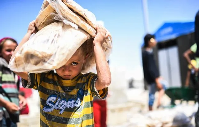 A displaced Syrian child who fled the countryside surrounding the Islamic State (IS) group's Syrian stronghold of Raqa, carries bread at a temporary camp in the village of Ain Issa on July 11, 2017. (Photo by Bulent Kilic/AFP Photo)