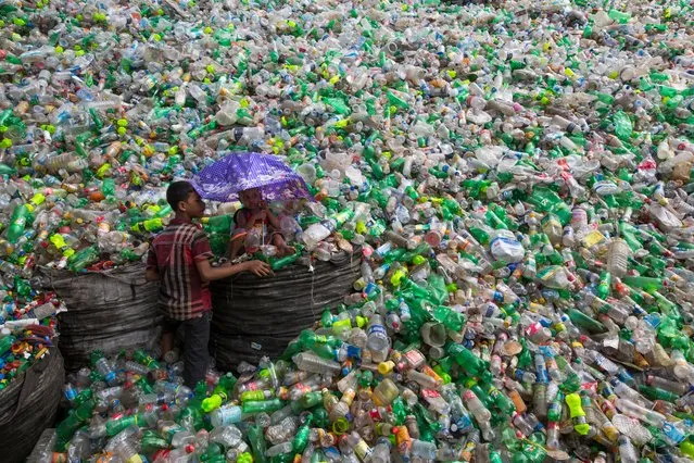 Children of worker's passing idle time in a recycling factory on July 06, 2017 in Dhaka, Bangladesh. Recycling plastic bottles has become a growing business over the last couple of years as well as helping to protect the environment. According to the Bangladesh PET Flakes Manufacturers and Exporters Association (BPFMEA), Bangladesh exports on an average nearly 30,000 tons of PET bottle flakes mainly to China, South Korea and Taiwan worth $14 million dollars per year. (Photo by Zakir Chowdhury/Barcroft Images)