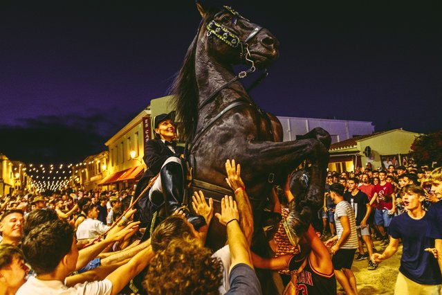 A “caixer” (horse rider) rears up on his horse surrounded by a cheering crowd during the traditional “Jaleo” at the Sant Climent Festival in Sant Climent, Balearic Islands, Spain on August 20, 2023. (Photo by Matthias Oesterle/Rex Features/Shutterstock)