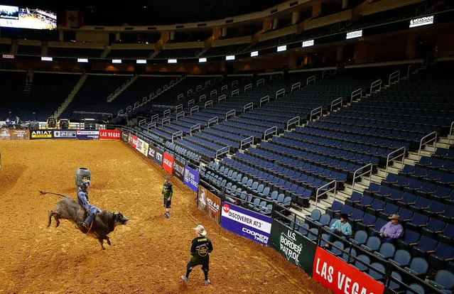 Cody Casper rides Just Al during round 2 on the second day of competition for the PBR Unleash The Beast Gwinnett Invitational at Infinite Energy Center on March 15, 2020 in Duluth, Georgia. The competition is being held behind closed doors to the general public due to the worldwide spread of COVID-19. (Photo by Kevin C. Cox/Getty Images)