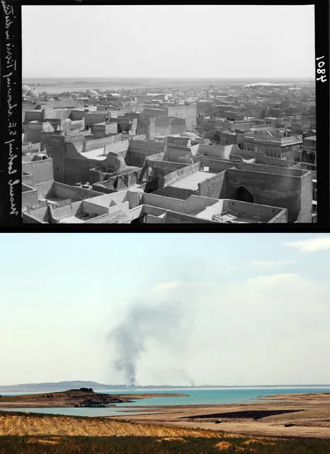 This combination of two photographs shows a 1932 image of the Tigris River stretching out in the distance as seen from Mosul, northern Iraq from the Library of Congress, top, and a file photo of smoke rising during airstrikes targeting Islamic State militants at the Mosul Dam on Monday, August 18, 2014. (Photo by AP Photo)