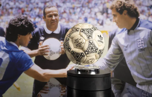 General views of the football used by Maradona to score the “hand of God” goal at the 1986 World Cup quarter final between Argentina and England being displayed at Wembley on November 1st, 2022, ahead of its auction later this month. (Photo by Matt Alexander/PA Wire Press Association)