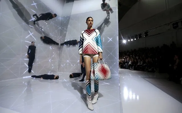 A model presents a creation from the Anya Hindmarch Spring/Summer 2016 collection during London Fashion Week in London, Britain September 22, 2015. (Photo by Suzanne Plunkett/Reuters)