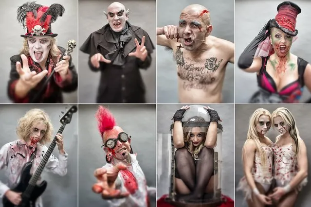 In this composite image (L-R top row) Dok Haze, Douglas Child as Camp Dracula, Mongolian Laughing Boy, Tony Walls, Asia Sawika as Anastasia, (L-R bottom row) zombie bass guitar player Ozzy Jackson, sword swallower Hannibal Hellmurto, pickled person, Zoe Olivia Ellis and The Sinister Sisters, Steph Bates (L) and Steph Randall (R) pose for a photograph prior to a rehearsal of the Circus of Horrors' latest show. (Photo by Matt Cardy/Getty Images)