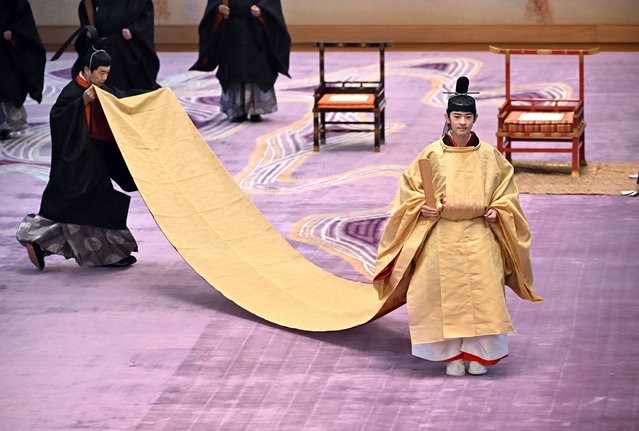 Japanese Prince Hisahito, son of Crown Prince Akishino, wearing ancient ceremonial costume, attends a ceremony at the Imperial Palace in Tokyo, Japan, 06 September 2025. Prince Hisahito celebrated his 19th birthday and attended the coming-of-age ceremony at the palace. (Photo by Japan Pool via JIJI Press/EPA)