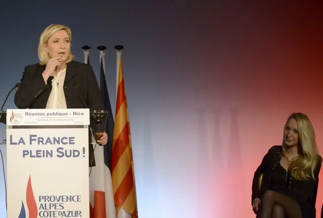 Marine Le Pen (L), French National Front political party leader and Marion Marechal-Le Pen (R), French National Front political party member and candidate for National Front in the Provence-Alpes-Cote d'Azur (PACA) region, attend a political rally for the upcoming regional elections in Nice, France, November 27, 2015. (Photo by Jean-Pierre Amet/Reuters)