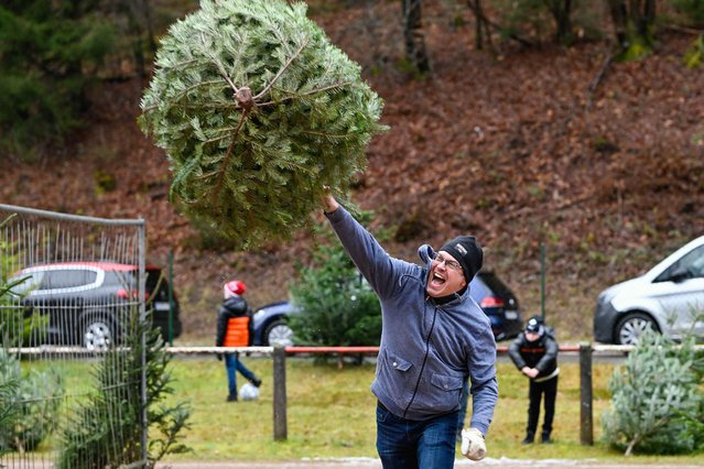 A participant throws a tree at the 17th World Christmas Tree Throwing Championships on January 5, 2025 in Weidenthal, Germany. The “World Championship”, founded by the club FC Wacker Weidenthal, is held in a three-way competition: long throw, high throw and sling throw of a tree measuring approximately 1.50 meters. (Photo by Uwe Anspach/dpa/Alamy Live News)