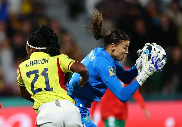 Morocco's Khadija Er-Rmichi in action with Colombia's Ivonne Chacon during the FIFA Women's World Cup Australia & New Zealand 2023 Group H match between Morocco and Colombia at Perth Rectangular Stadium on August 03, 2023 in Perth, Australia. (Photo by Luisa Gonzalez/Reuters)
