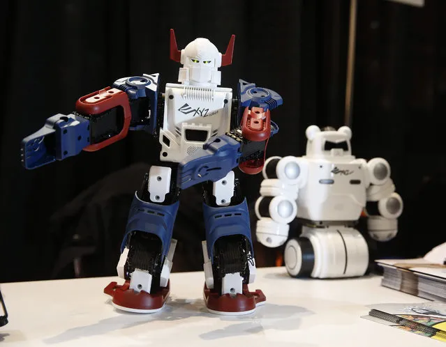 The XYZ Printing Bolide Y-01 Robot is on display at CES Unveiled, a media preview event for CES International, Monday, January 4, 2016, in Las Vegas. The robot is able to accept printable parts to change the look. (Photo by John Locher/AP Photo)