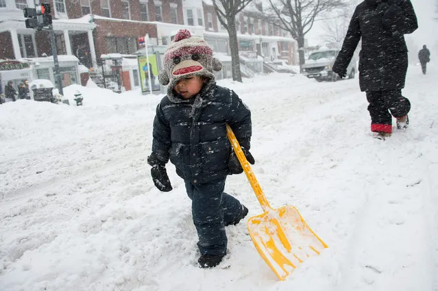 A boy carries a shovel during a snowstorm in Washington, DC, on January 23, 2016. A deadly blizzard with bone-chilling winds and potentially record-breaking snowfall slammed the eastern US on Saturday, as officials urged millions in the storm's path to seek shelter – warning the worst is yet to come. (Photo by Nicholas Kamm/AFP Photo)