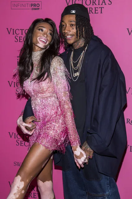 Winnie Harlow and Wiz Khalifa attend the 2018 Victoria's Secret Fashion Show after-party at Pier 94 on Thursday, November 8, 2018, in New York. (Photo Charles Sykes/Invision/AP Photo)