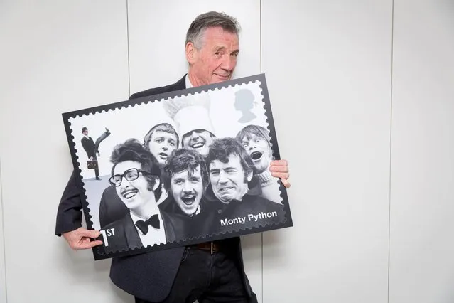 Undated handout photo issued by Royal Mail of Michael Palin with the new Monty Python stamp, which features in Royal Mail's Comedy Greats stamp series. (Photo by Guy Levy/PA Wire/Royal Mail)