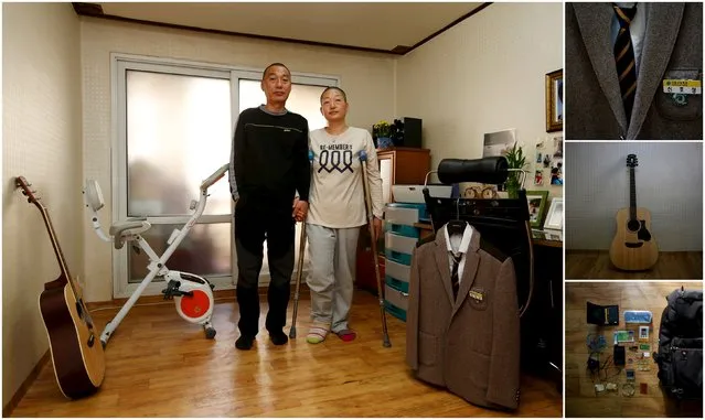 A combination picture shows Jung Bu-ja (R) and Shin Chang-sik, parents of Shin Ho-sung, a high school student who died in the Sewol ferry disaster, as they pose for a photograph in their son's room, as well as details of objects, in Ansan April 9, 2015. Jung said: “I was protesting, asking for an inquiry to find out the real reason why the ferry capsized. Some foreign tourists took photos of me. (Photo by Kim Hong-Ji/Reuters)