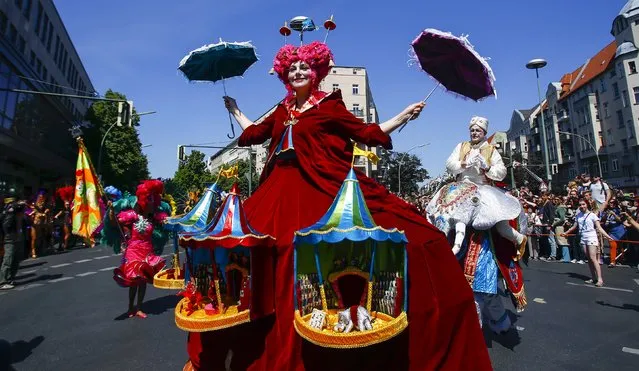 Dancers take part in the Karneval der Kulturen (Carnival of Cultures) street parade of ethnic minorities, in Berlin, Germany, May 24, 2015. (Photo by Hannibal Hanschke/Reuters)