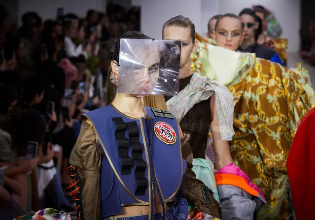 Models on the catwalk of Matty Bovan Spring/Summer 2020 London Fashion Week show at the BFC Spaceshow in London, England on September 13, 2019. (Photo by Shaun James Cox/9 PR)