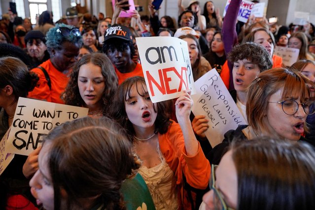 Protesters gather inside the Tennessee State Capitol to call for an end to gun violence and support stronger gun laws after a deadly shooting at the Covenant School in Nashville, Tennessee, U.S. March 30, 2023. (Photo by Cheney Orr/Reuters)