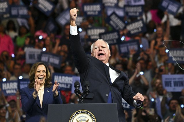 The governor of Minnesota, Tim Walz, joins Kamala Harris at a campaign rally after he was announced as her running mate in the presidential elections in Philadelphia, US on August 6, 2024. (Photo by Ricky Fitchett/ZUMA/Rex Features/Shutterstock)