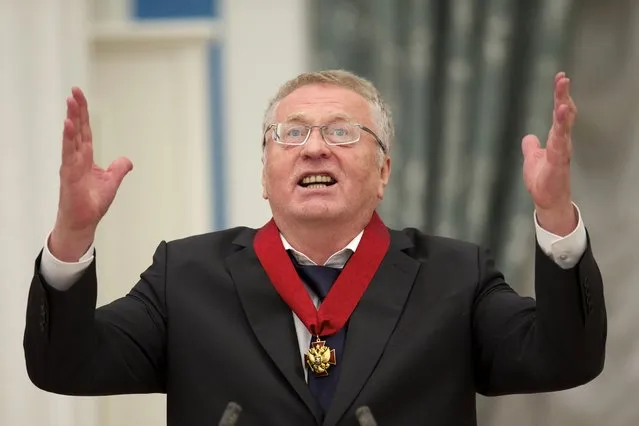 Russian lawmaker Vladimir Zhirinovsky speaks, after he was awarded by Russian President Vladimir Putin, during an awarding ceremony in Moscow's Kremlin, Russia, September 22, 2016. On Wednesday, April 6, 2022 State Duma speaker Vyacheslav Volodin said that Zhirinovsky, who has been the head of Russia's nationalist Liberal Democratic Party for three decades, died at the age of 75. (Photo by Ivan Sekretarev/AP Photo/Pool, File)