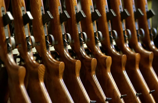 Newly assembled rifles are placed on a stand in the Ceska Zbrojovka weapons factory in Uhersky Brod, Czech Republic, May 27, 2016. (Photo by David W. Cerny/Reuters)