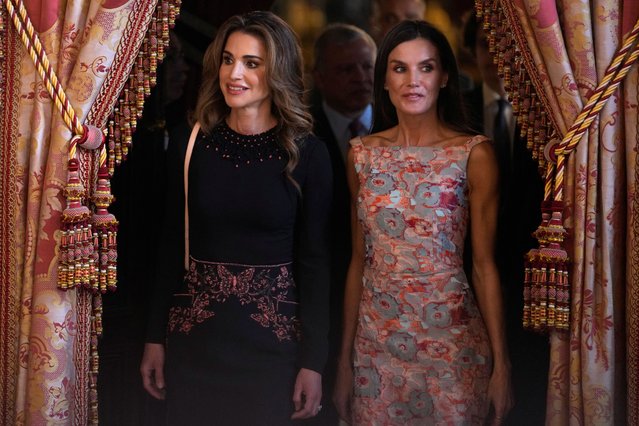 Jordan's Queen Rania and Spain's Queen Letizia enter for a reception and lunch at the Royal Palace, in Madrid, Spain on June 19, 2023. (Photo by Paul White/Pool via Reuters)