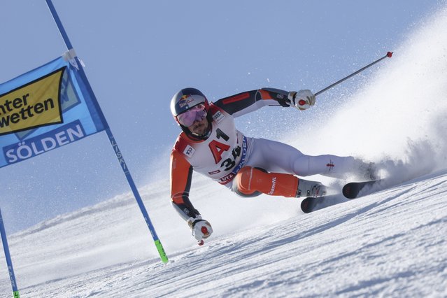 Netherland's Marcel Hirscher speeds down the course during an alpine ski, men's World Cup giant slalom, in Soelden, Austria, Sunday, October 27, 2024. (Photo by Marco Trovati/AP Photo)