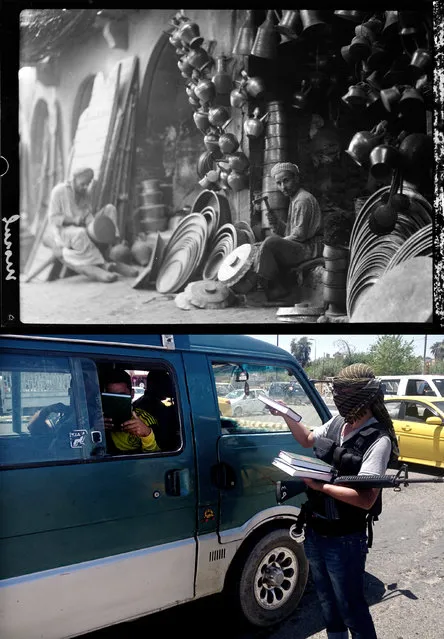 This combination of two photographs shows a 1932 image of a coppersmith working in the market in Mosul, northern Iraq, from the Library of Congress, top, and a June 22, 2014 file photo of a fighter with the Islamic State group distributing a copy of the Quran, Islam's holy book, to a driver in central Mosul. (Photo by AP Photo)
