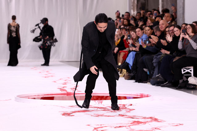 Designer Yuima Nakazato appears at the end of his Haute Couture Spring-Summer 2024 collection show in Paris, France, on January 24, 2024. (Photo by Stephanie Lecocq/Reuters)